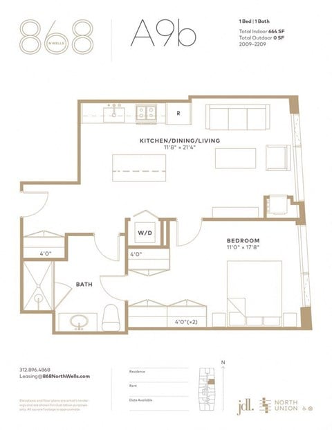 Floor plan for 1 bed, 1 bath, 664 sqft