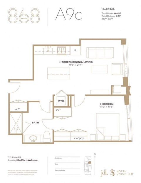 Floor plan for 1 bed, 1 bath, 664 sqft