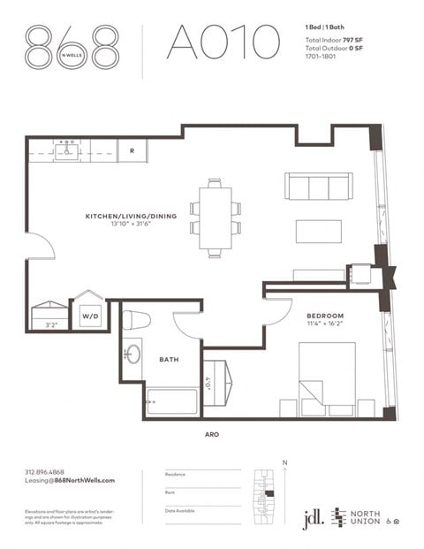 Floor plan for 1 bed, 1 bath, 797 sqft