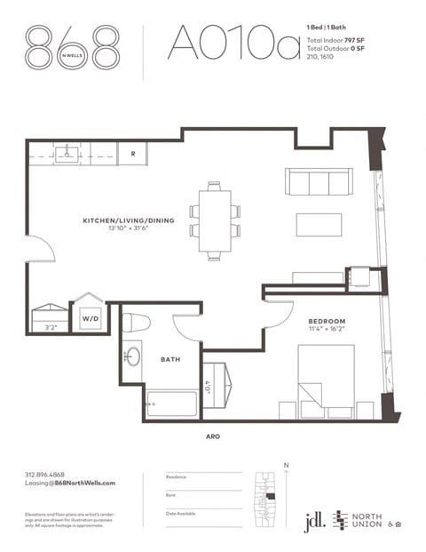 Floor plan for 1 bed, 1 bath, 797 sqft