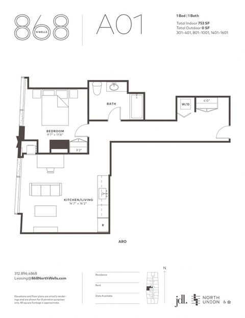 Floor plan for 1 bed, 1 bath, 753 sqft
