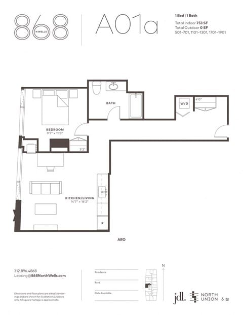 Floor plan for 1 bed, 1 bath, 753 sqft