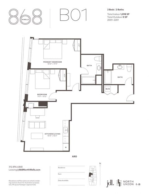 Floor plan for 2 beds, 2 baths, 1098 sqft