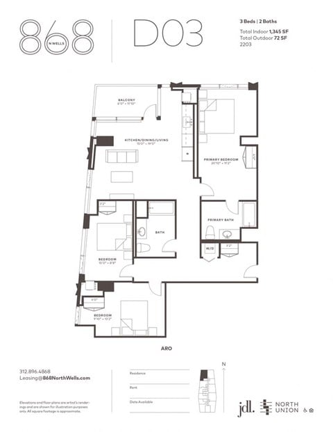 Floor plan for 3 beds, 2 baths, 1345 sqft