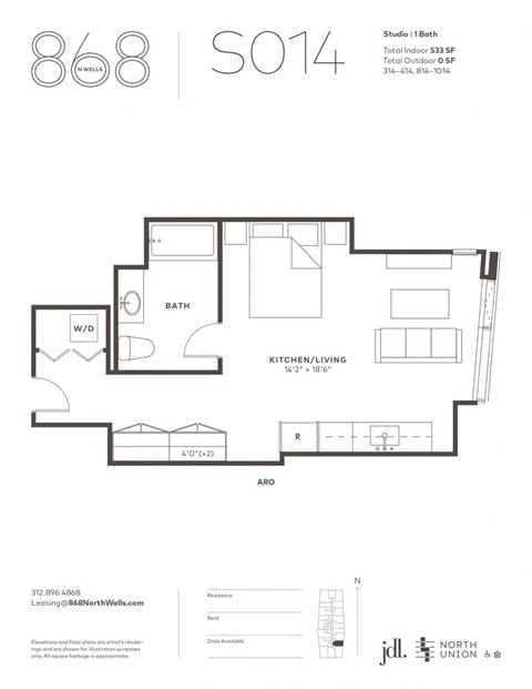 Floor plan for studio, 1 bath, 533 sqft