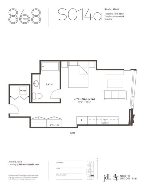 Floor plan for studio, 1 bath, 533 sqft