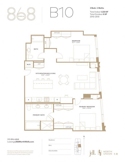 Floor plan for 2 beds, 2 baths, 1323 sqft