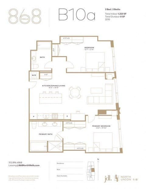 Floor plan for 2 beds, 2 baths, 1323 sqft