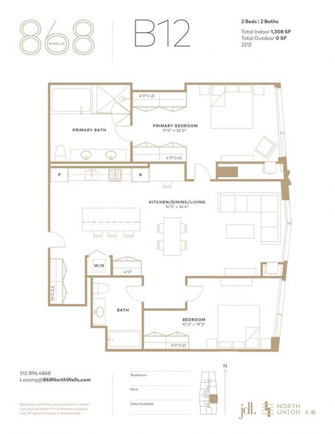 Floor plan for 2 beds, 2 baths, 1308 sqft