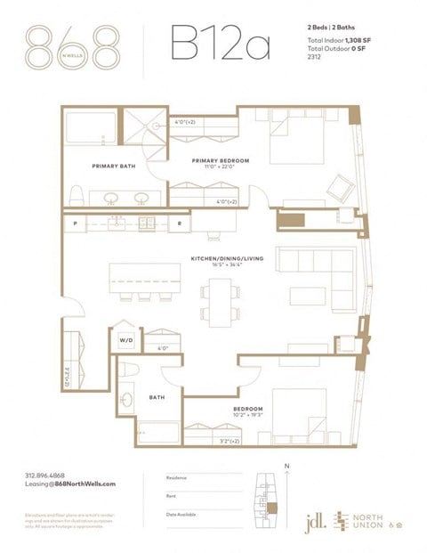 Floor plan for 2 beds, 2 baths, 1308 sqft