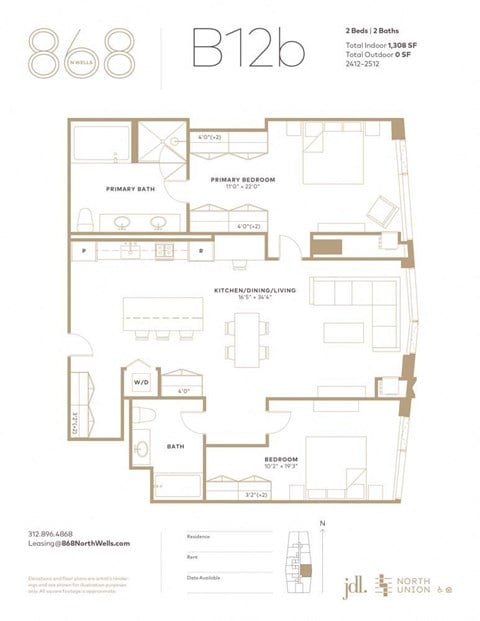 Floor plan for 2 beds, 2 baths, 1308 sqft