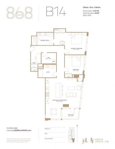 Floor plan for 2 beds, 2 baths, 1311 sqft