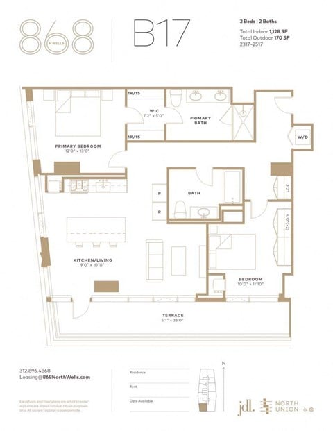 Floor plan for 2 beds, 2 baths, 1128 sqft