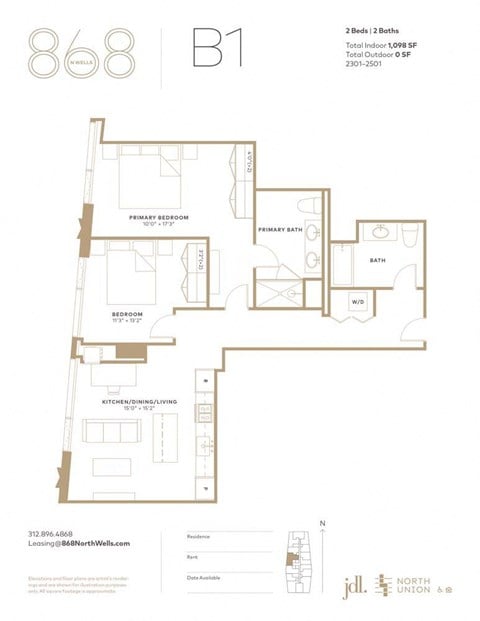 Floor plan for 2 beds, 2 baths, 1098 sqft