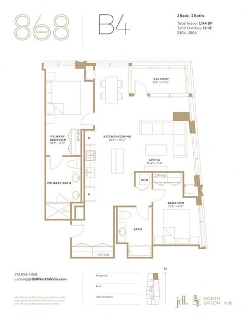 Floor plan for 2 beds, 2 baths, 1144 sqft