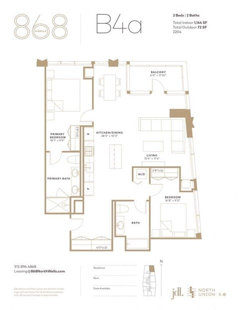 Floor plan for 2 beds, 2 baths, 1144 sqft