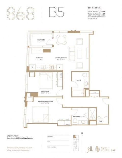 Floor plan for 2 beds, 2 baths, 1153 sqft