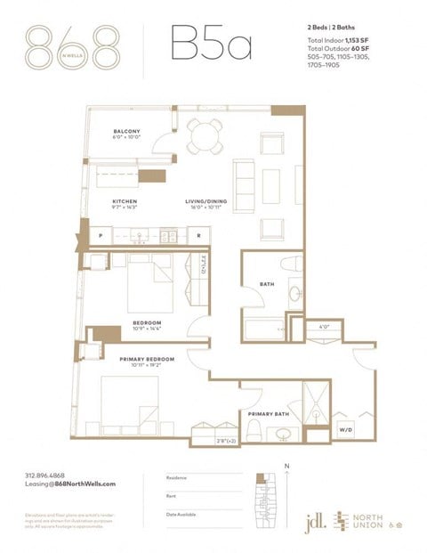 Floor plan for 2 beds, 2 baths, 1153 sqft