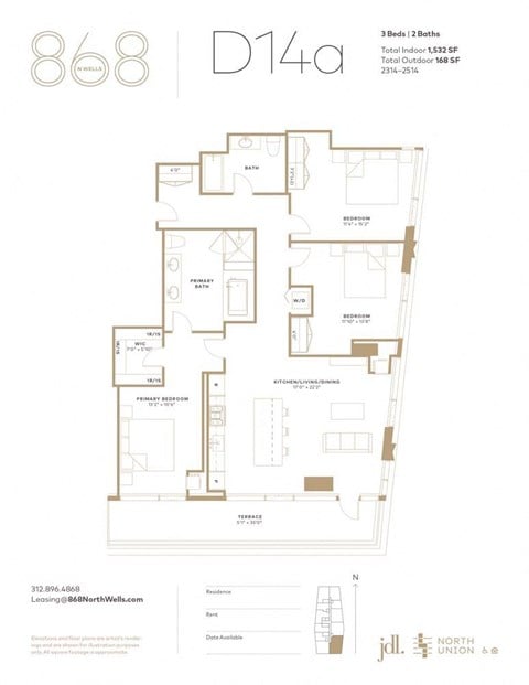 Floor plan for 3 beds, 2 baths, 1532 sqft