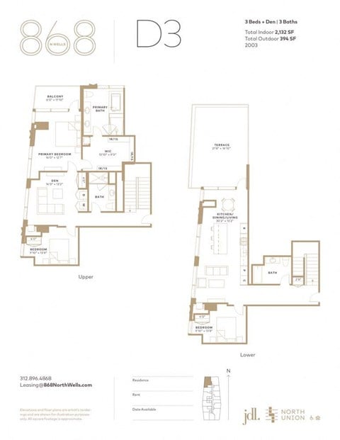 Floor plan for 3 beds, 3 baths, 2132 sqft