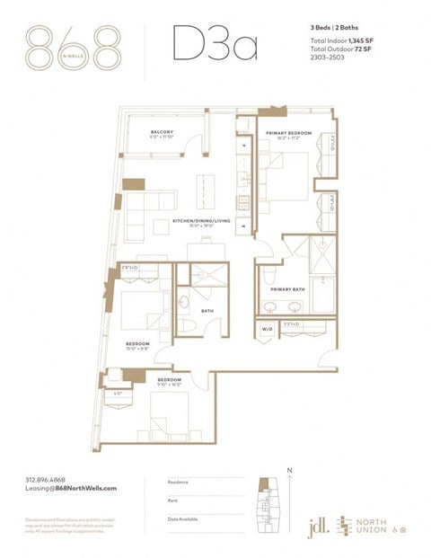 Floor plan for 3 beds, 2 baths, 1345 sqft