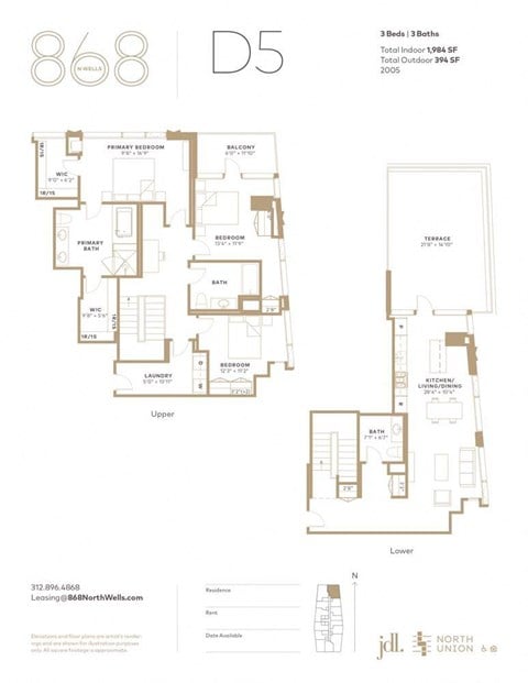 Floor plan for 3 beds, 3 baths, 1984 sqft