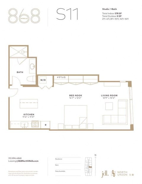 Floor plan for studio, 1 bath, 578 sqft