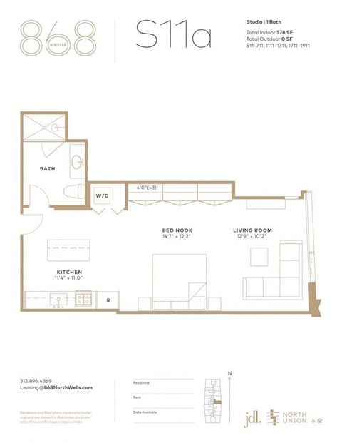 Floor plan for studio, 1 bath, 578 sqft