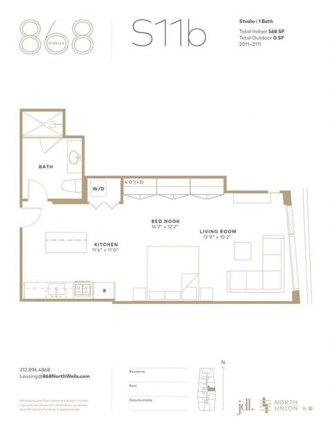 Floor plan for studio, 1 bath, 568 sqft