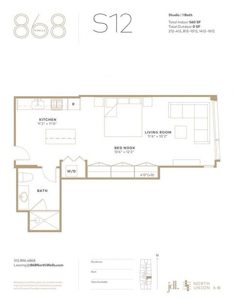 Floor plan for studio, 1 bath, 560 sqft