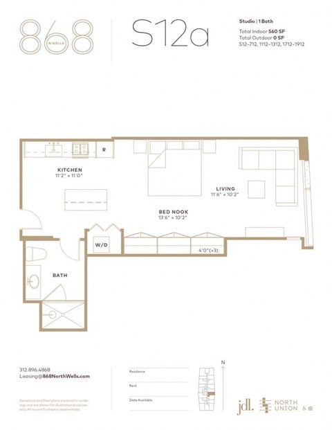 Floor plan for studio, 1 bath, 560 sqft