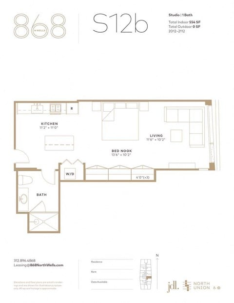 Floor plan for studio, 1 bath, 554 sqft