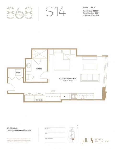 Floor plan for studio, 1 bath, 533 sqft