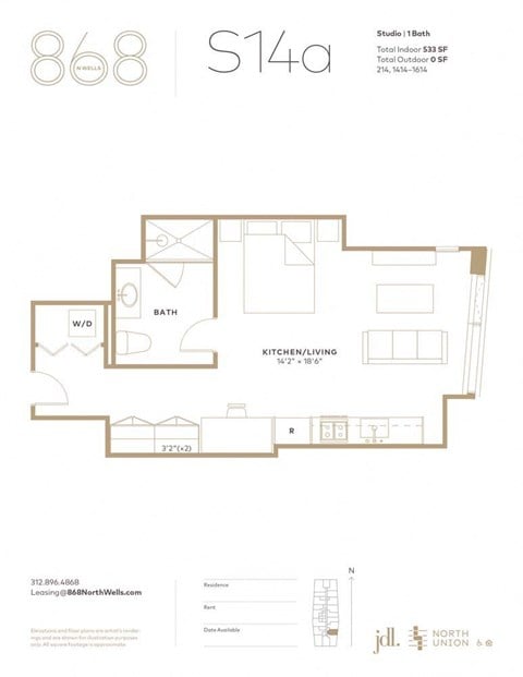 Floor plan for studio, 1 bath, 533 sqft