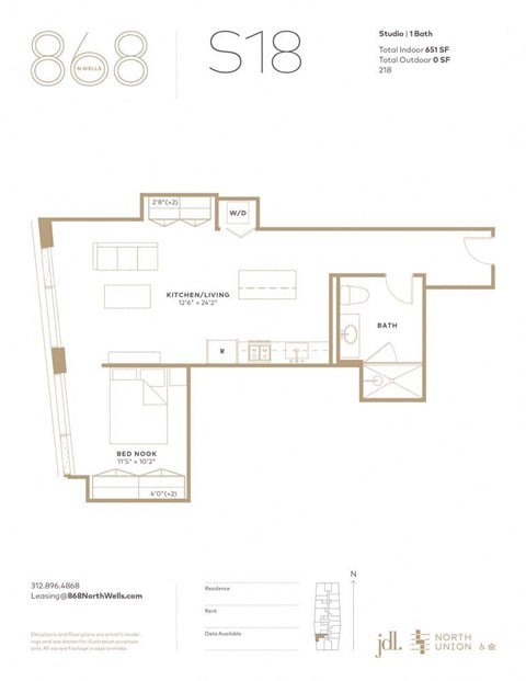 Floor plan for studio, 1 bath, 651 sqft