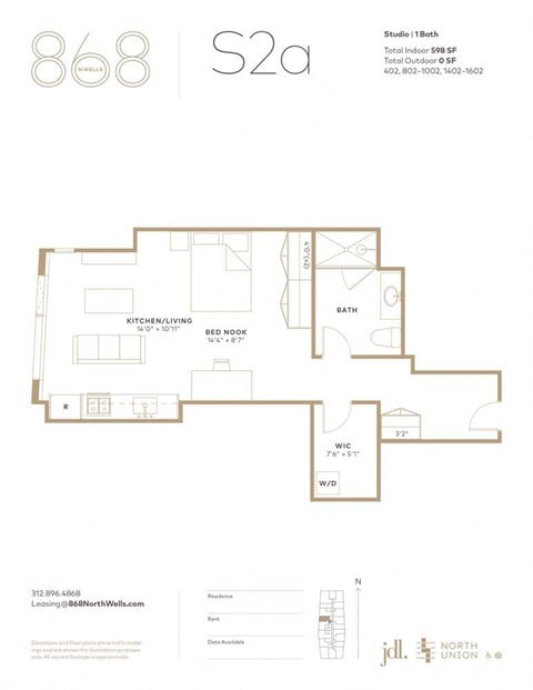 Floor plan for studio, 1 bath, 598 sqft