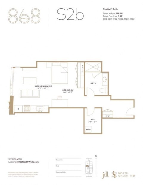 Floor plan for studio, 1 bath, 598 sqft