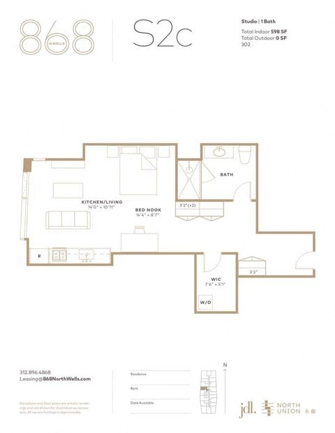 Floor plan for studio, 1 bath, 598 sqft
