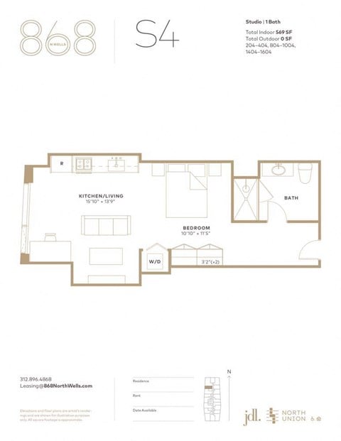 Floor plan for studio, 1 bath, 569 sqft