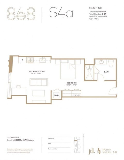 Floor plan for studio, 1 bath, 569 sqft
