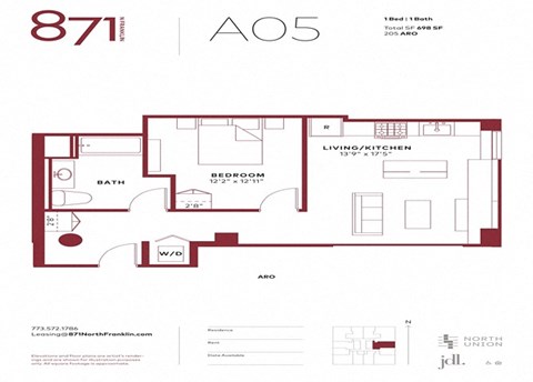 Floor plan for 1 bed, 1 bath, 698 sqft