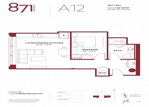 Floor plan for 1 bed, 1 bath, 675 sqft