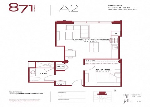 Floor plan for 1 bed, 1 bath, 695 sqft