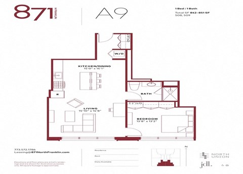 Floor plan for 1 bed, 1 bath, 851 sqft