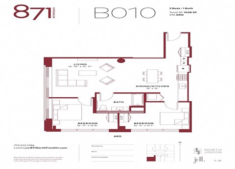 Floor plan for 2 beds, 2 baths, 1038 sqft