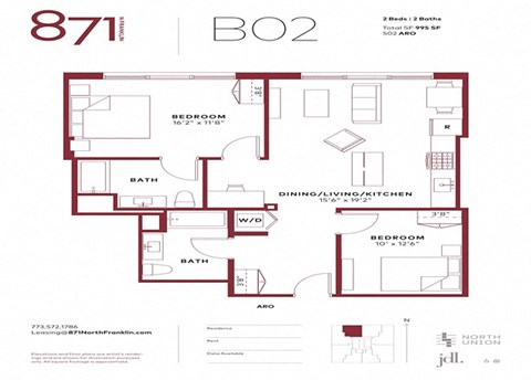 Floor plan for 2 beds, 2 baths, 995 sqft