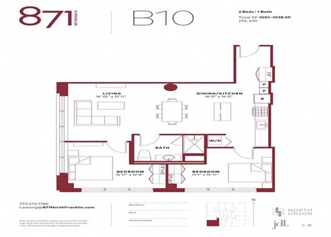 Floor plan for 2 beds, 1 bath, 1038 sqft