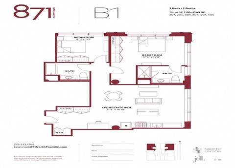 Floor plan for 2 beds, 2 baths, 1214 sqft