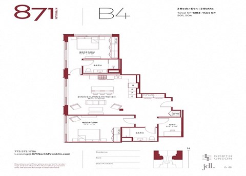 Floor plan for 2 beds, 2 baths, 1383 sqft