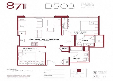 Floor plan for 2 beds, 2 baths, 959 sqft